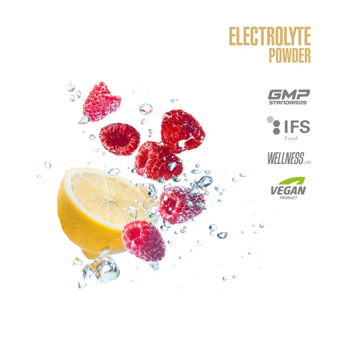 Electrolyte powder with lemon and raspberries on a white background, featuring certification logos.