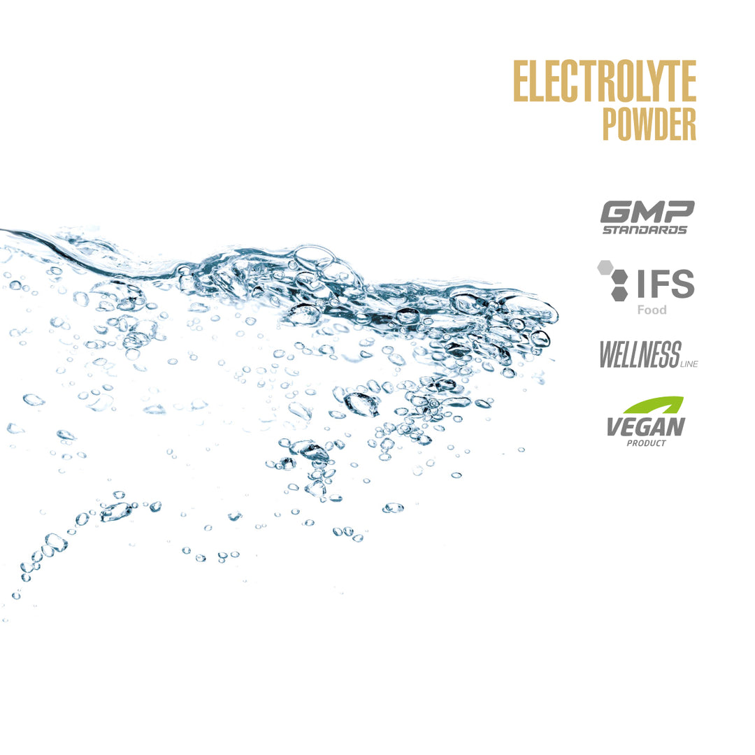 Electrolyte powder packaging with water splash and certification logos on a white background