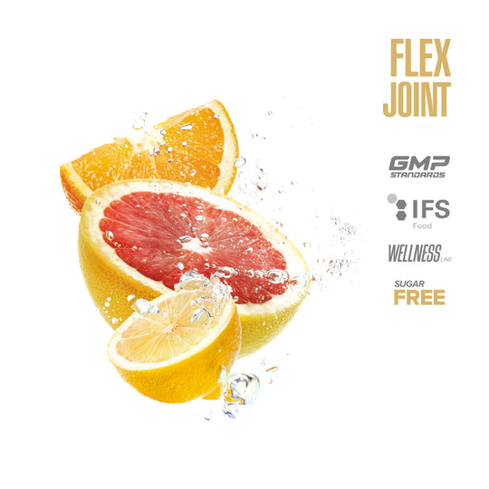 Sliced grapefruit with water droplets on a white background, featuring 'Flex Joint' branding and certification logos.