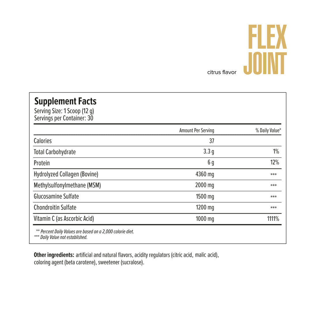Supplement facts label for Flex Joint with nutritional information on a white background
