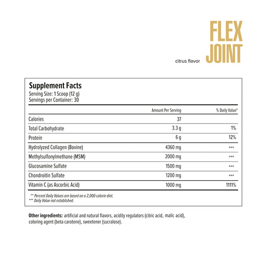 Supplement facts label for Flex Joint with nutritional information on a white background