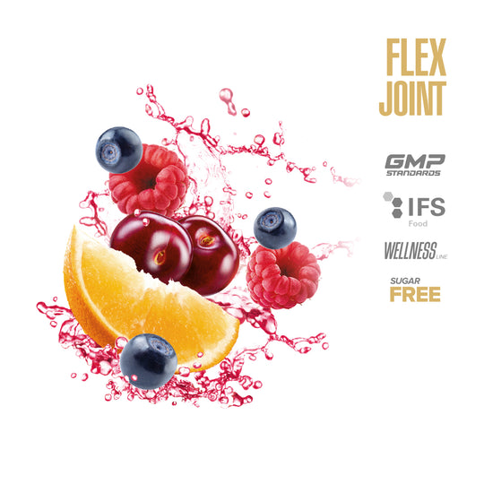 Fruit-themed product with 'Flex Joint' branding and health certification logos on a white background.