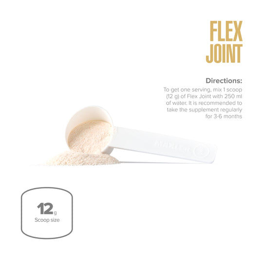 Flex Joint supplement container with scoop and powder, showing directions and scoop size on a white background.