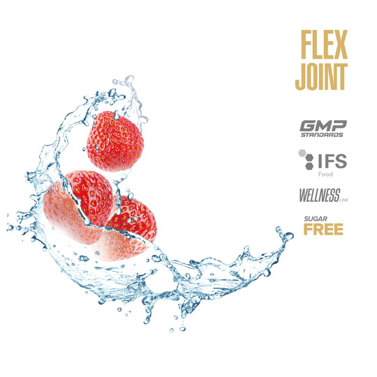 Strawberries with water splash and 'Flex Joint' branding on a white background