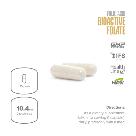 Folic acid supplement capsules with product details on a white background