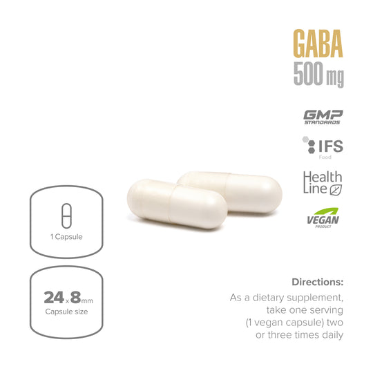 GABA 500 mg supplement capsules with branding and product details on a white background