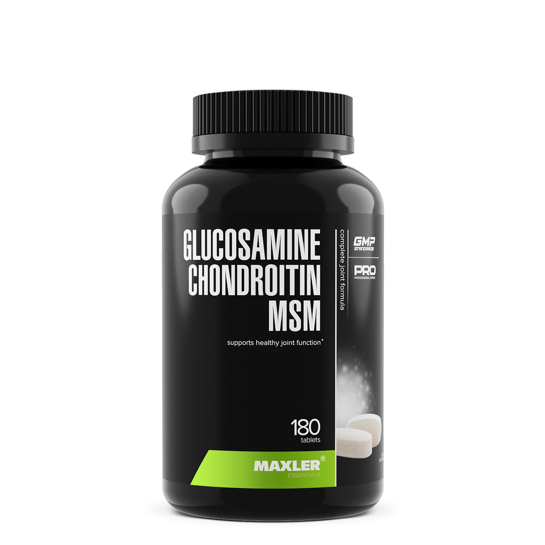 Black supplement bottle labeled 'Glucosamine Chondroitin MSM' by Maxler on a white background