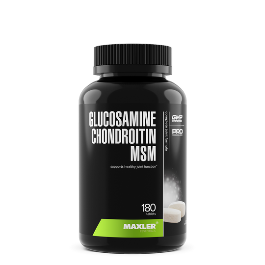 Black supplement bottle labeled 'Glucosamine Chondroitin MSM' by Maxler on a white background