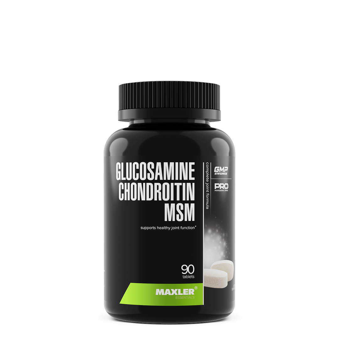 Black supplement bottle labeled 'Glucosamine Chondroitin MSM' by Maxler on a white background