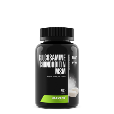 Black supplement bottle labeled 'Glucosamine Chondroitin MSM' by Maxler on a white background