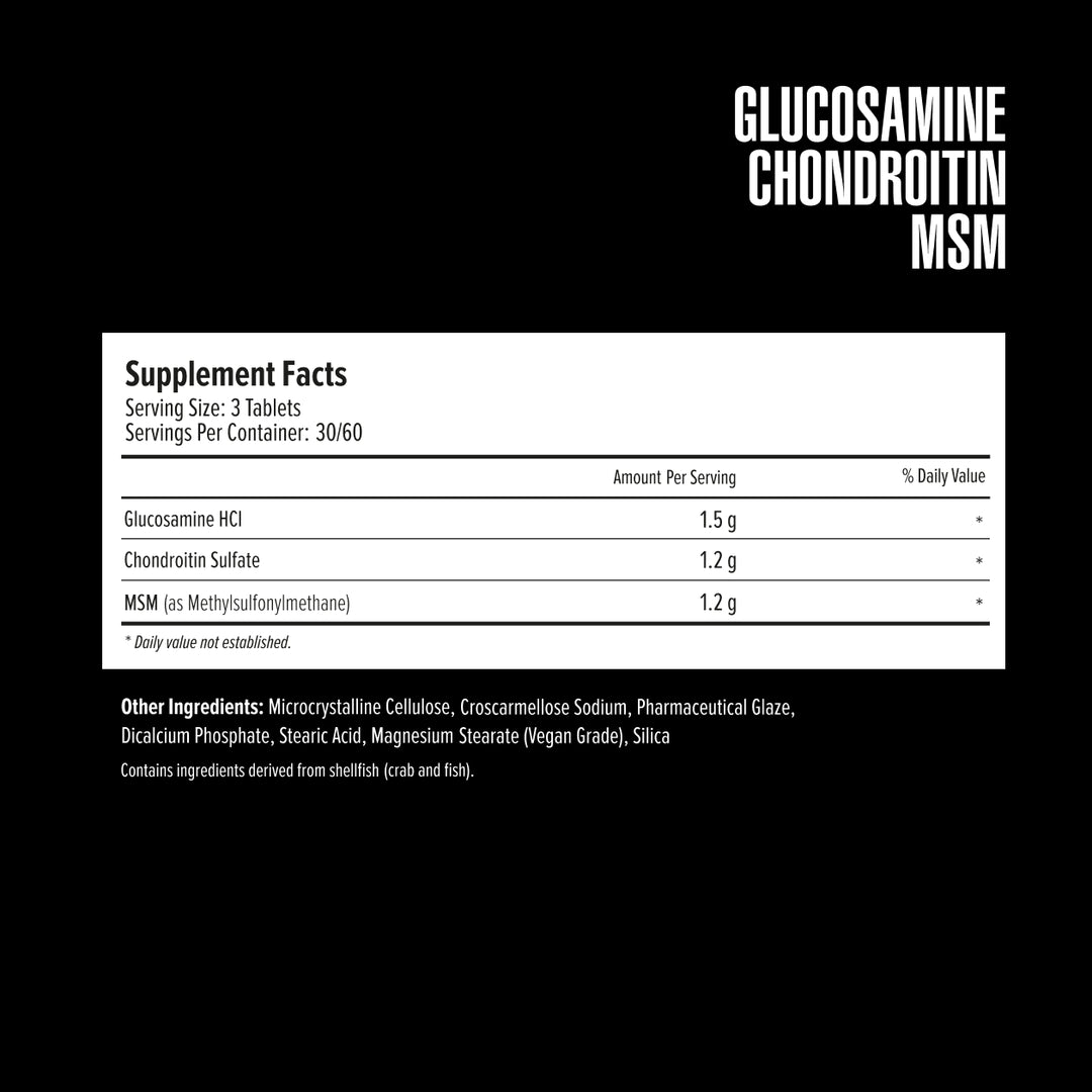 Supplement facts label for glucosamine, chondroitin, and MSM on a black background