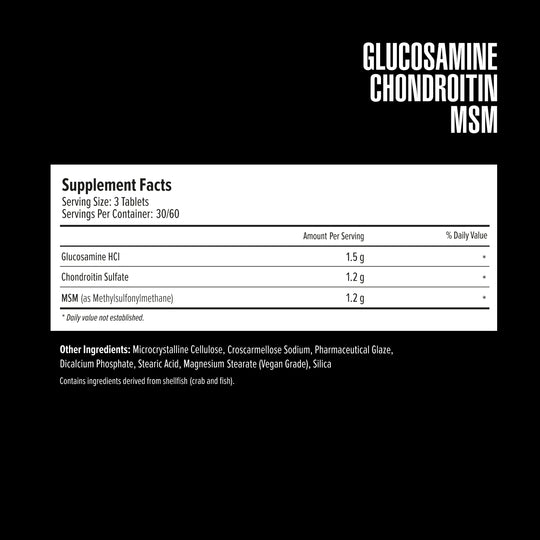Supplement facts label for glucosamine, chondroitin, and MSM on a black background