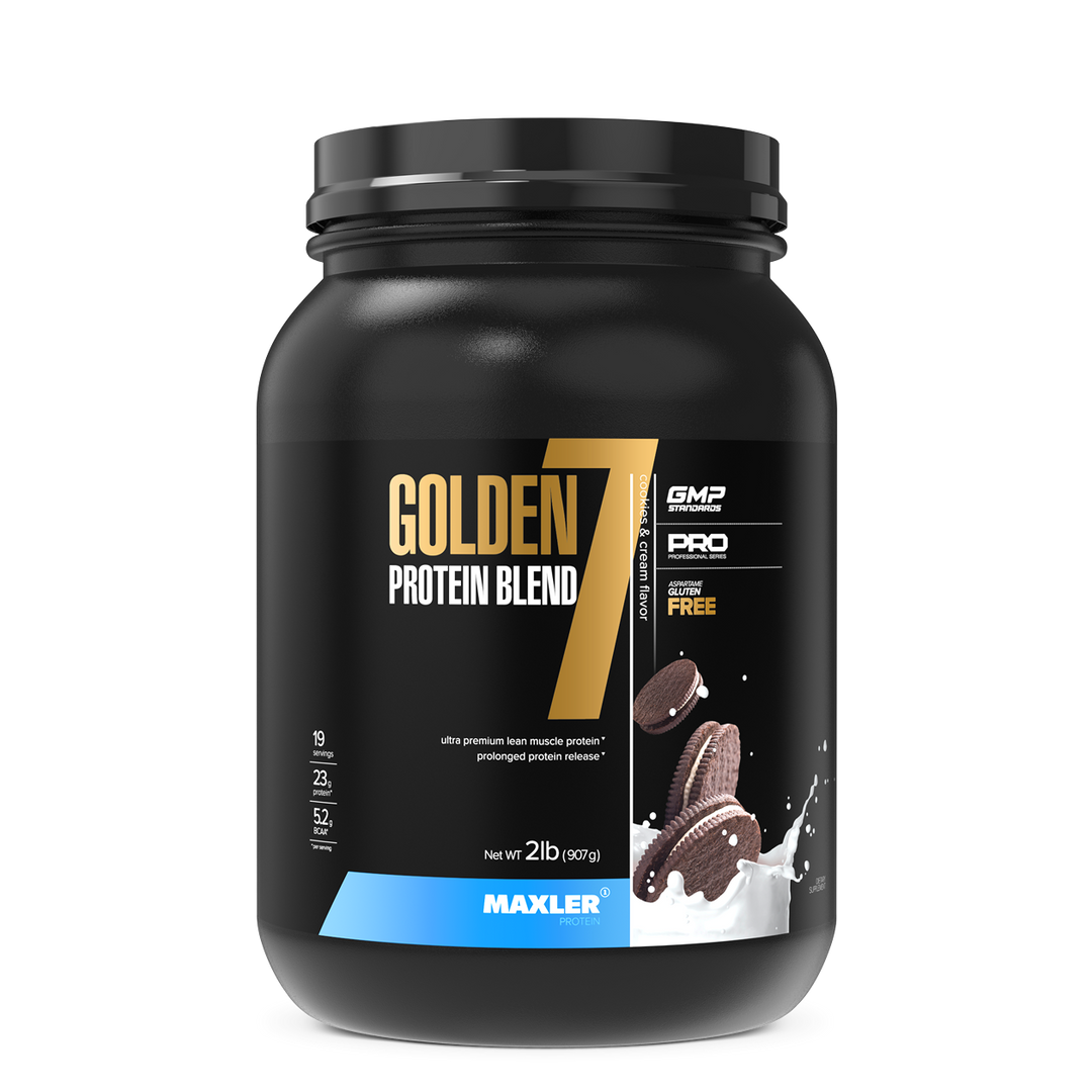 Black container of Golden 7 Protein Blend with Maxler branding on a white background