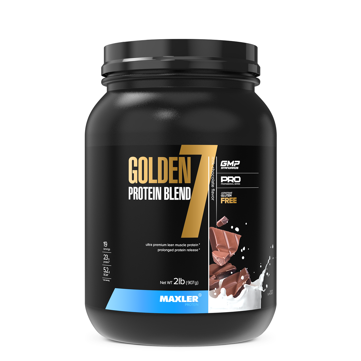 Black container of Golden 7 Protein Blend with Maxler branding on a white background