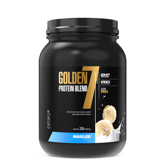 Black container of Golden 7 Protein Blend with Maxler branding on a white background