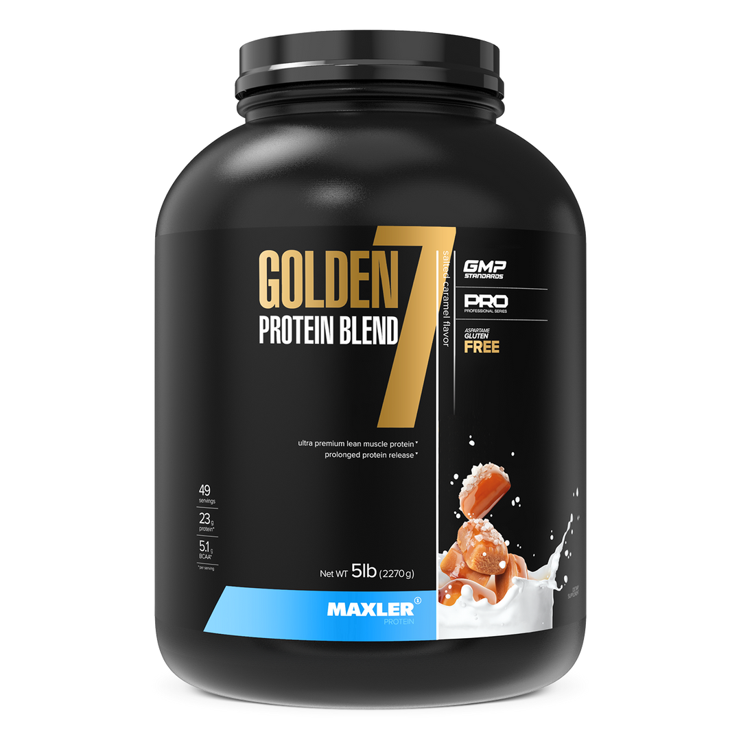Black container of Golden 7 Protein Blend with Maxler branding on a white background