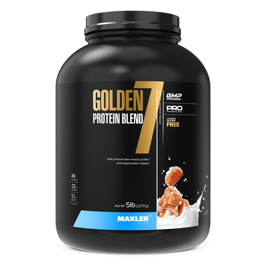 Black container of Golden 7 Protein Blend with Maxler branding on a white background