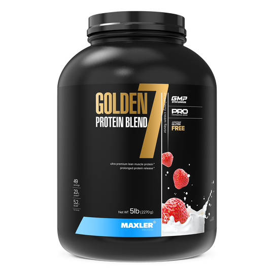 Black container of Golden 7 Protein Blend with MAXLER branding on a white background