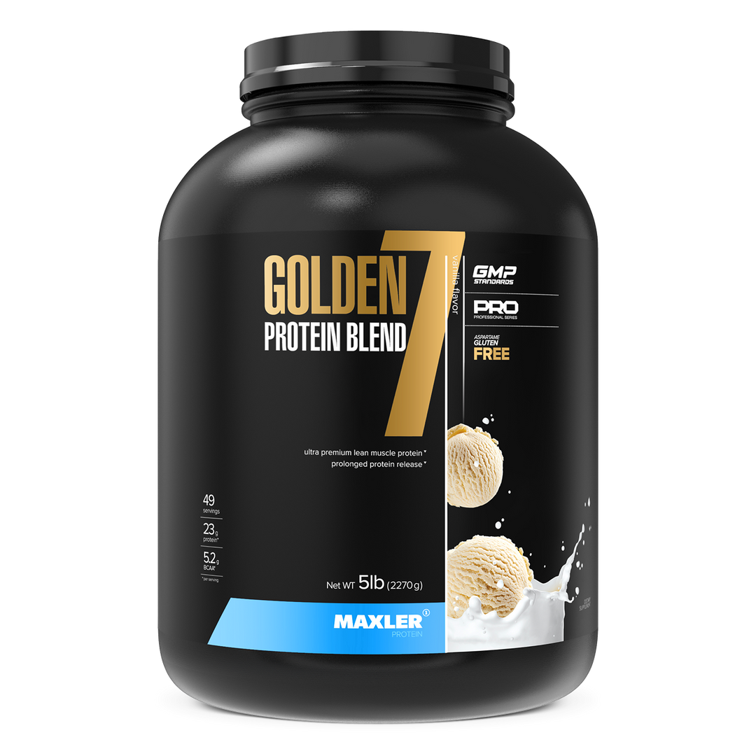 Black container of Golden Protein Blend 7 by Maxler on a white background