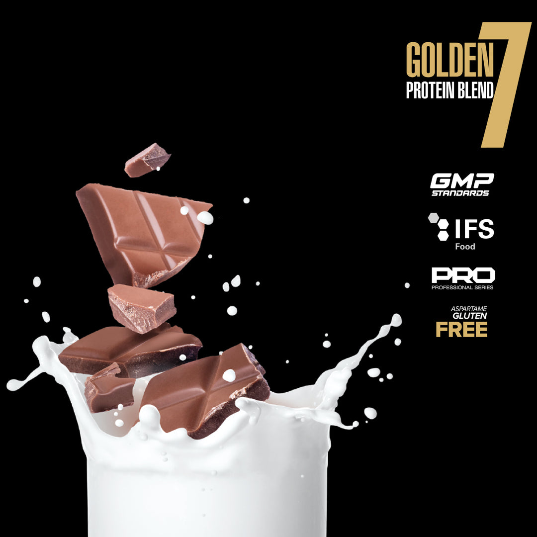 Chocolate pieces falling into a glass of milk with 'Golden 7 Protein Blend' branding and certification logos on a black background.