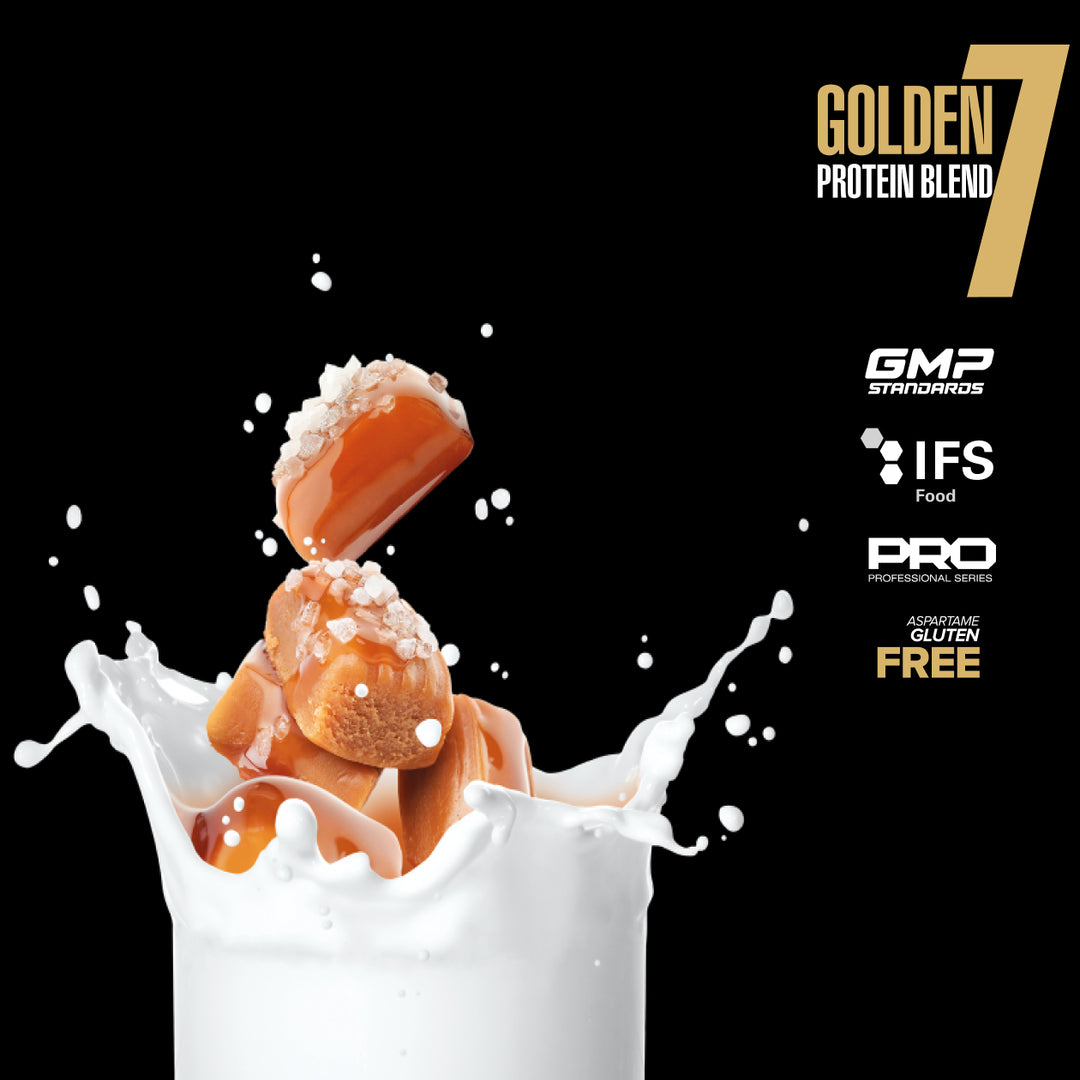 Protein blend with a scoop being poured into a glass of milk against a black background, featuring 'Golden Protein Blend 7' branding.