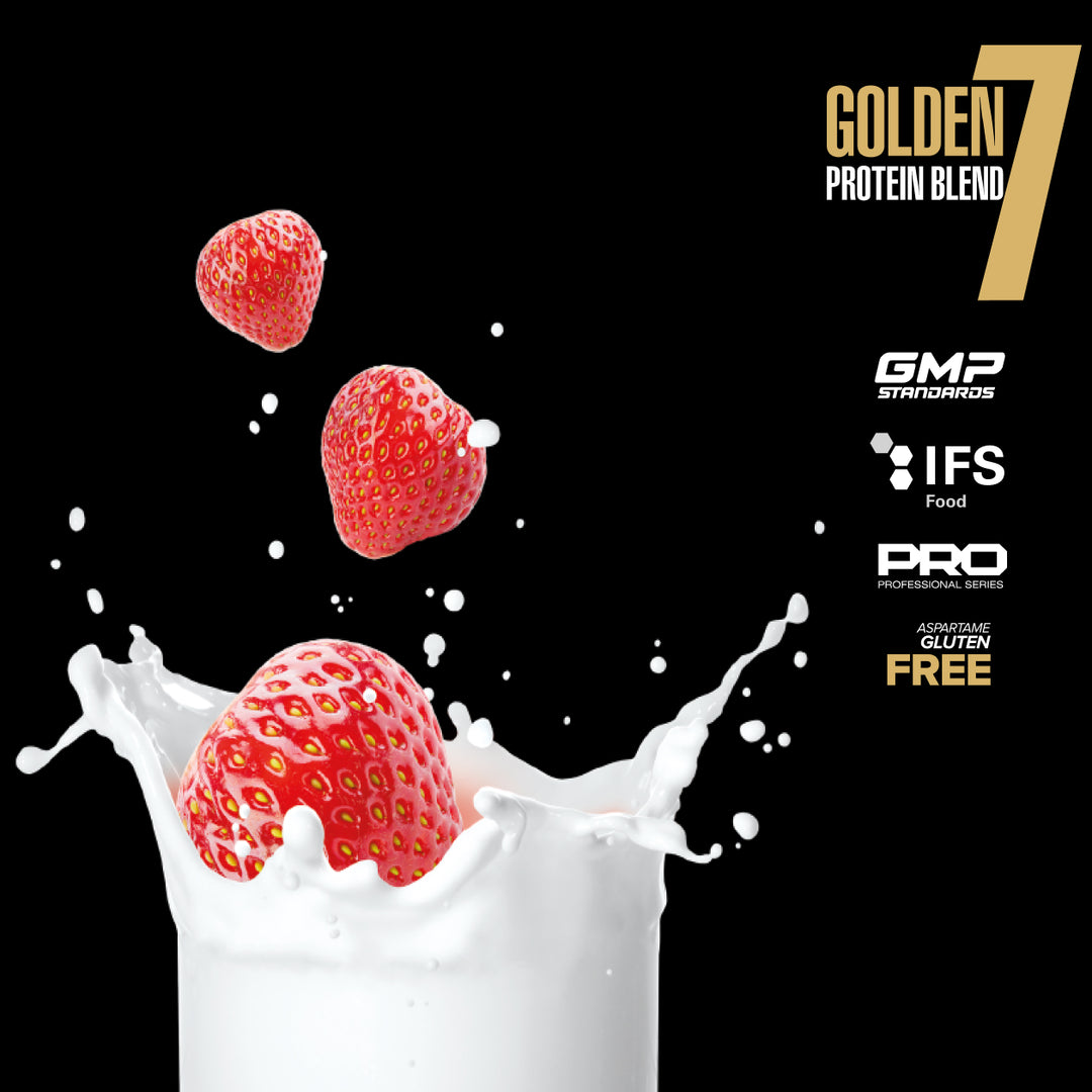 Strawberries splashing into a glass of milk with 'Golden Protein Blend 7' branding on a black background.