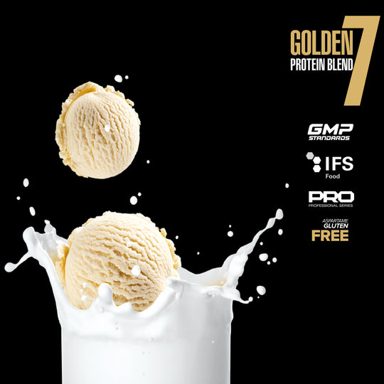 Two scoops of protein powder in a glass with milk, labeled 'Golden Protein Blend 7' on a black background.