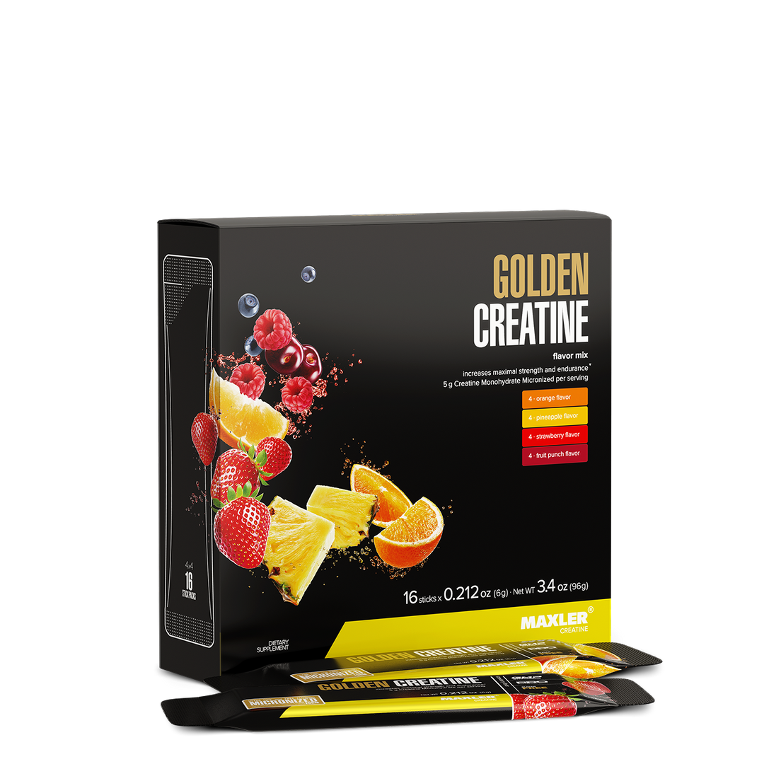 MAXLER Golden Creatine Flavor Mix, box of 16 sticks with two sticks in front.