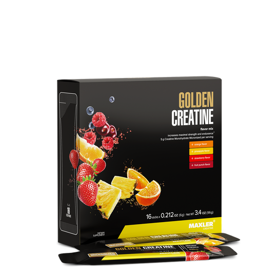 MAXLER Golden Creatine Flavor Mix, box of 16 sticks with two sticks in front.