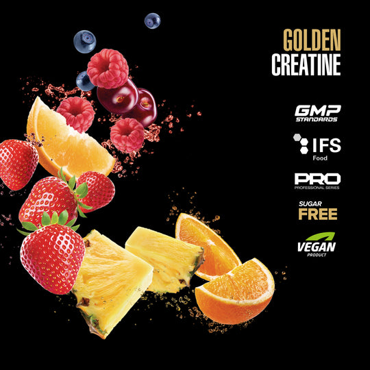 MAXLER Golden Creatine Flavor Mix, fruit artwork and product badges.