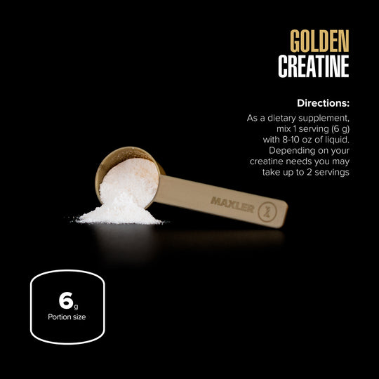 MAXLER Golden Creatine preparation graphic with a scoop of powder and directions.