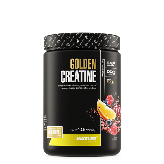 MAXLER Golden Creatine, Fruit Punch flavor, 300 g jar, front view.