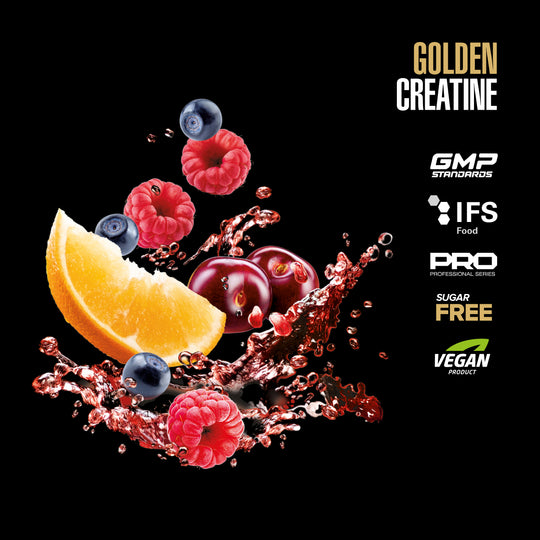 MAXLER Golden Creatine Fruit Punch, fruit artwork and product badges.