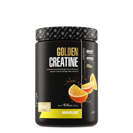 MAXLER Golden Creatine, Orange flavor, 300 g jar, front view.