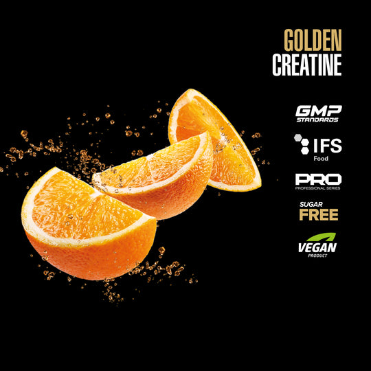 MAXLER Golden Creatine Orange, fruit artwork and product badges.
