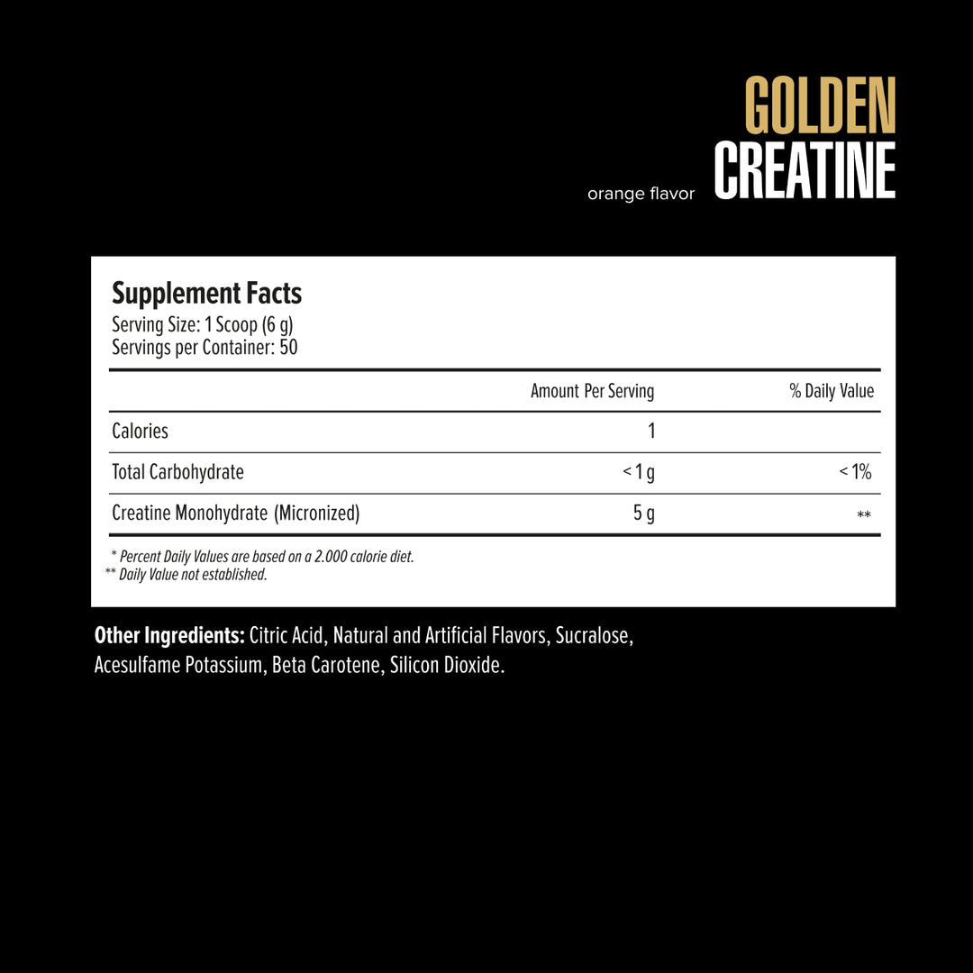 MAXLER Golden Creatine Orange, Supplement Facts and ingredients for the 300 g jar.