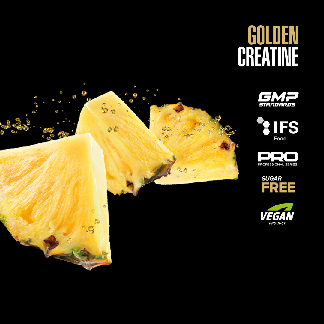 MAXLER Golden Creatine Pineapple, fruit artwork and product badges.