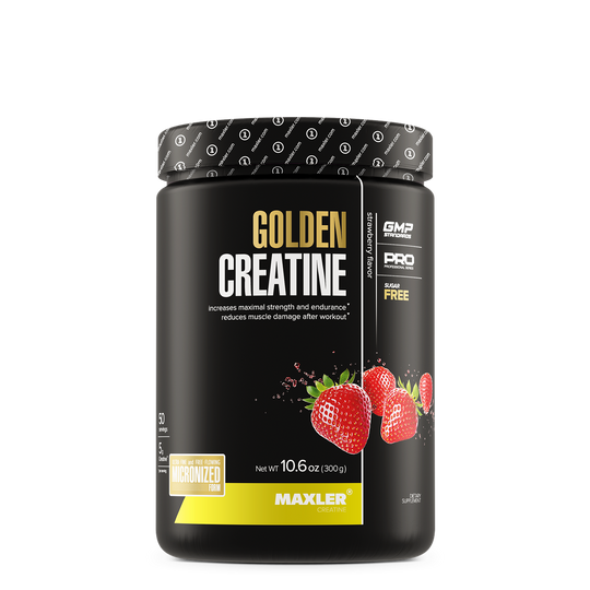 MAXLER Golden Creatine, Strawberry flavor, 300 g jar, front view.