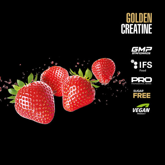 MAXLER Golden Creatine Strawberry, fruit artwork and product badges.