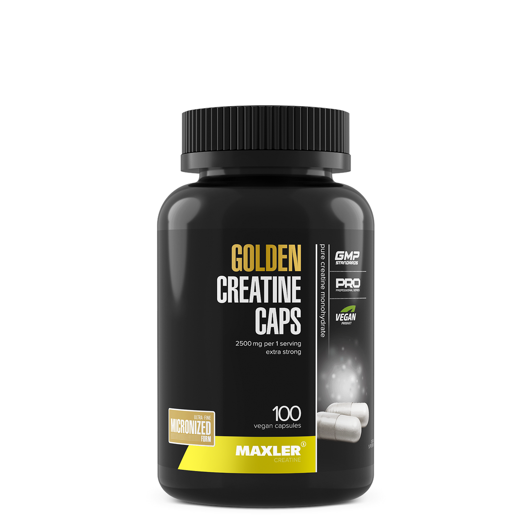 Black supplement bottle labeled 'Golden Creatine Caps' by Maxler on a white background