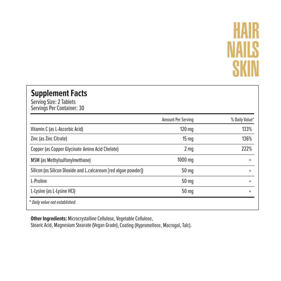 Supplement facts label for hair, nails, and skin on a white background