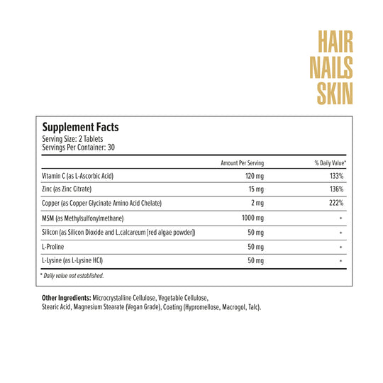 Supplement facts label for hair, nails, and skin on a white background