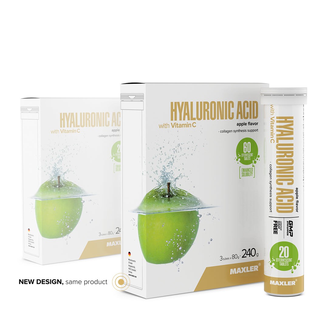 Maxler Hyaluronic Acid with Vitamin C – apple flavour, new packaging design, 3 tubes × 20 effervescent tablets, 240g, collagen synthesis support, GMP certified