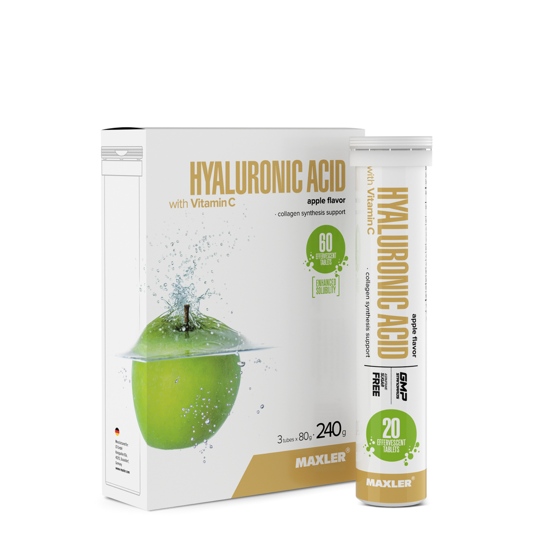 Maxler Hyaluronic Acid with Vitamin C – apple flavour, 3×20 effervescent tablets, 240g, collagen synthesis support, enhanced solubility, aspartame & sugar free, GMP certified