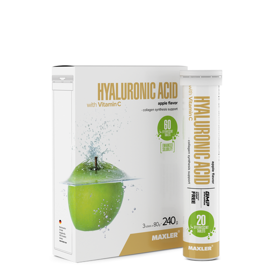 Maxler Hyaluronic Acid with Vitamin C – apple flavour, 3×20 effervescent tablets, 240g, collagen synthesis support, enhanced solubility, aspartame & sugar free, GMP certified