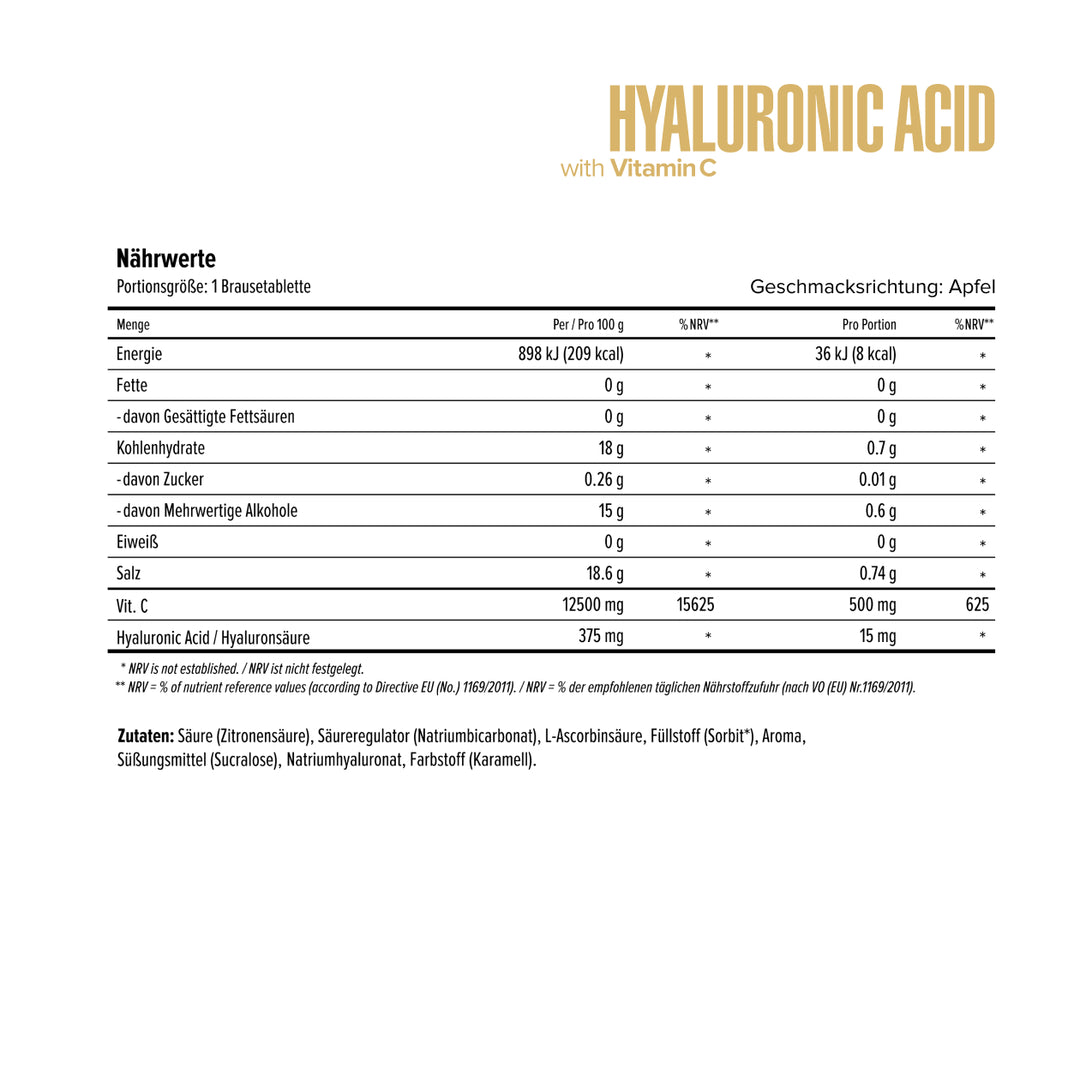 Maxler Hyaluronic Acid with Vitamin C – nutrition facts: Vitamin C 500mg (625% NRV) + Hyaluronic Acid 15mg per tablet, apple flavour, 60 servings, EU compliant
