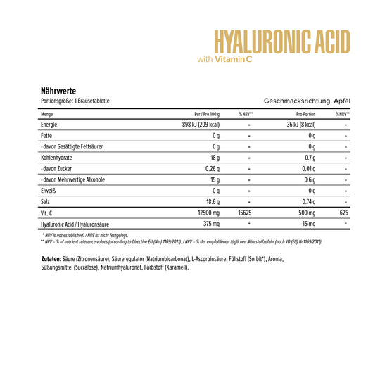 Maxler Hyaluronic Acid with Vitamin C – nutrition facts: Vitamin C 500mg (625% NRV) + Hyaluronic Acid 15mg per tablet, apple flavour, 60 servings, EU compliant
