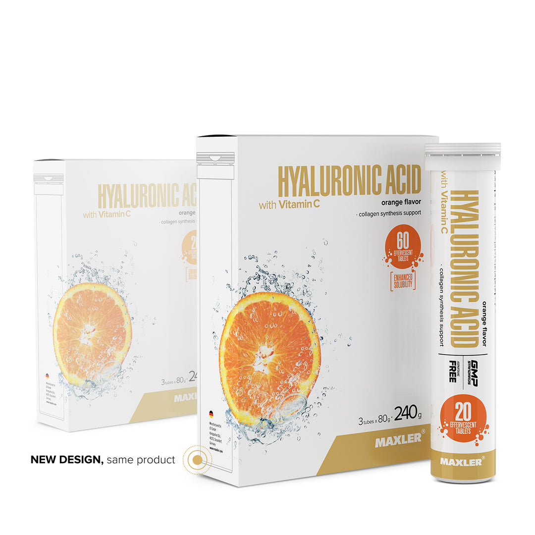 Maxler Hyaluronic Acid with Vitamin C – orange flavour, new packaging design, 3 tubes × 20 effervescent tablets, 240g, collagen synthesis support, aspartame free, GMP certified