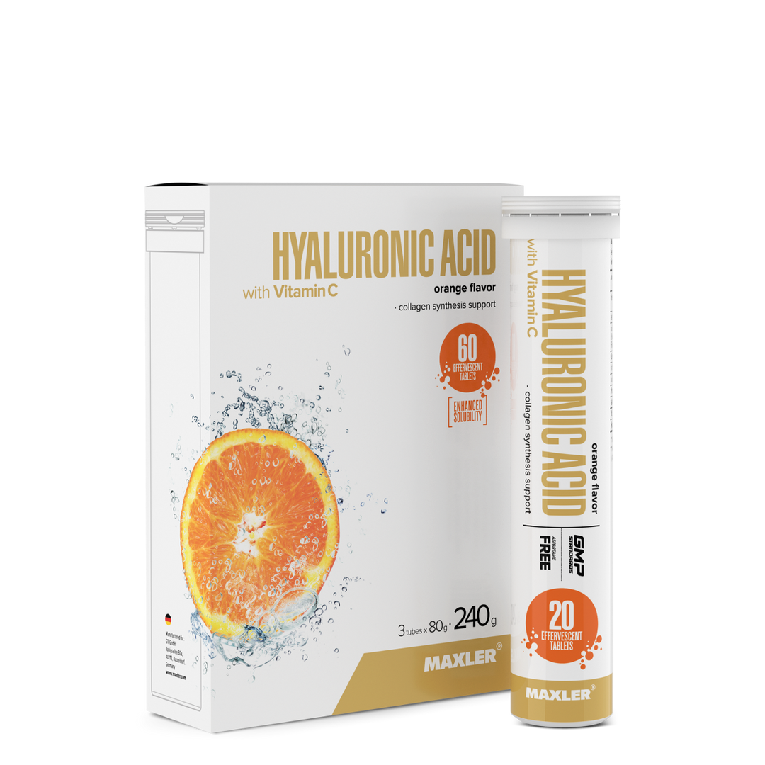 Maxler Hyaluronic Acid with Vitamin C – orange flavour, 3×20 effervescent tablets, 240g, collagen synthesis support, enhanced solubility, aspartame free, GMP certified