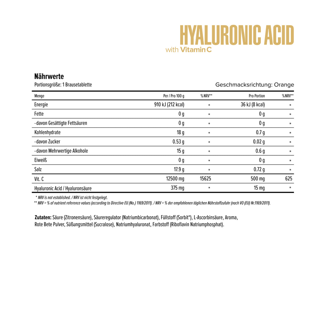 Maxler Hyaluronic Acid with Vitamin C – nutrition facts: Vitamin C 500mg (625% NRV) + Hyaluronic Acid 15mg per tablet, orange flavour, 60 servings, EU compliant